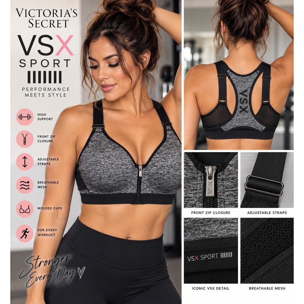 Victoria's Secret VSX Sport Front Zip Sports Bra Gray Black 34C High Impact